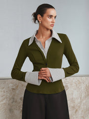 Vibemartini Mock Two-Piece Long-Sleeve Two Tone Polo Top