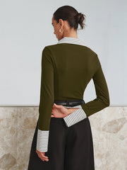 Vibemartini Mock Two-Piece Long-Sleeve Two Tone Polo Top