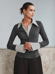Vibemartini Mock Two-Piece Long-Sleeve Two Tone Polo Top
