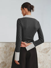 Vibemartini Mock Two-Piece Long-Sleeve Two Tone Polo Top