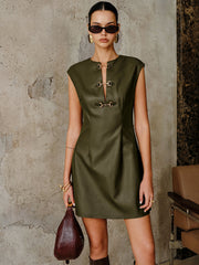 Vibemartini PU Leather Metal Buckle Sleeveless Mini Dress