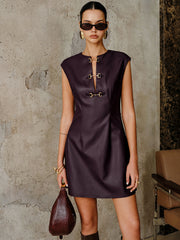 Vibemartini PU Leather Metal Buckle Sleeveless Mini Dress