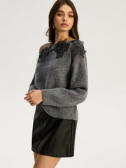 Vibemartini Floral lace Sweater Semi Sheer Round Neck Sweater