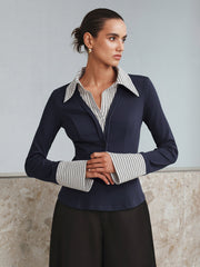 Vibemartini Mock Two-Piece Long-Sleeve Two Tone Polo Top