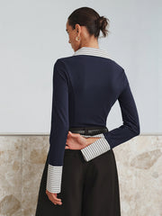 Vibemartini Mock Two-Piece Long-Sleeve Two Tone Polo Top