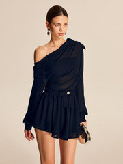 Vibemartini Semi-Sheer Chiffon One-Shoulder Bow Detail Skirt Set