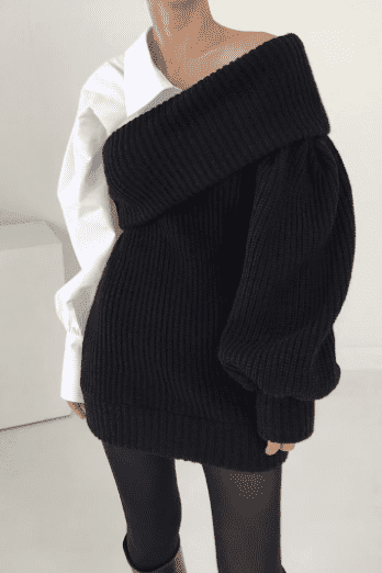 Knitted stitching fake two-piece slanted shoulder dress