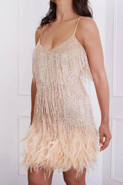 Tassel Sequin Feather Splicing Dress
