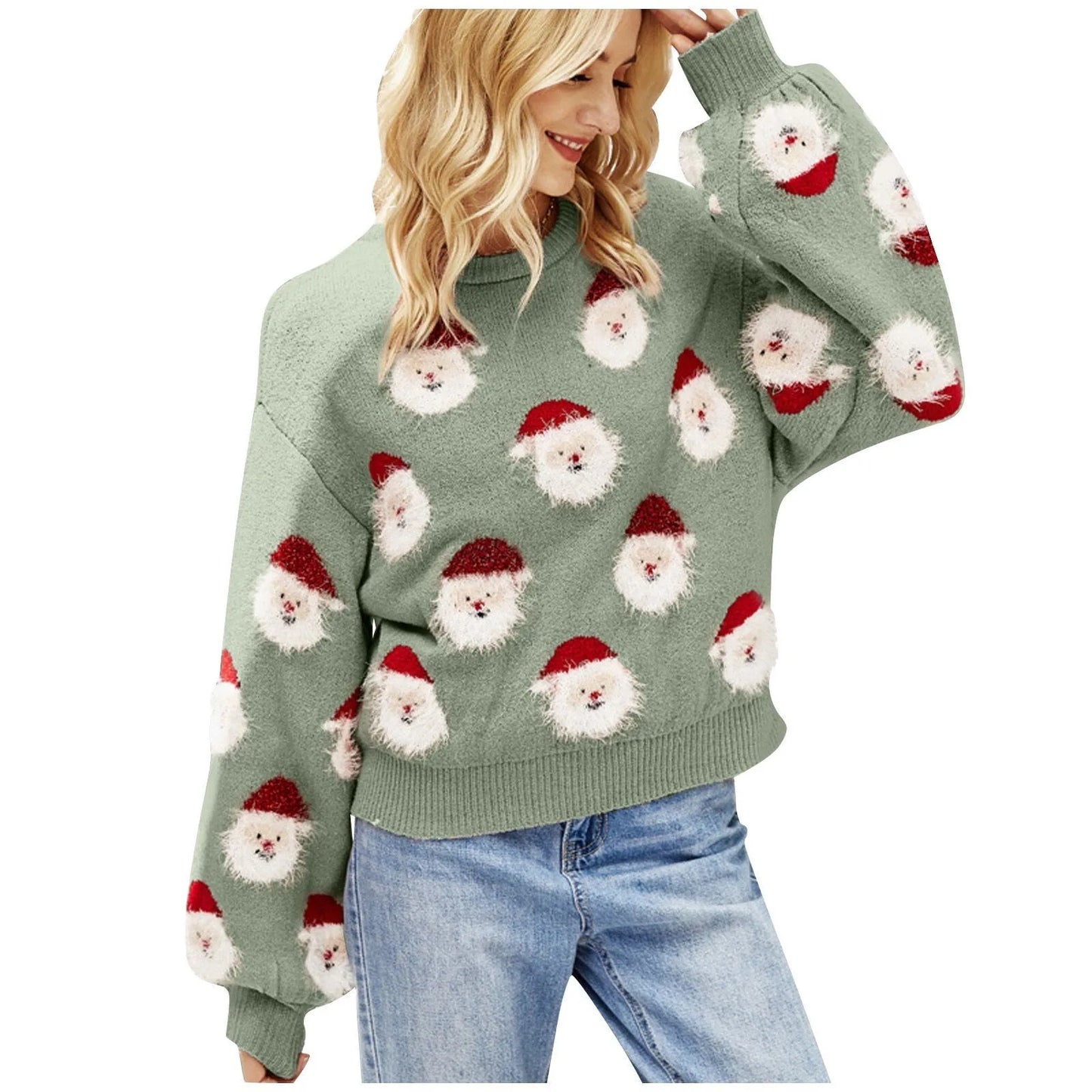Round Neck Casual Oversized Warm Christmas Santa Head Sweater Fruit Green / S Sweaters-L