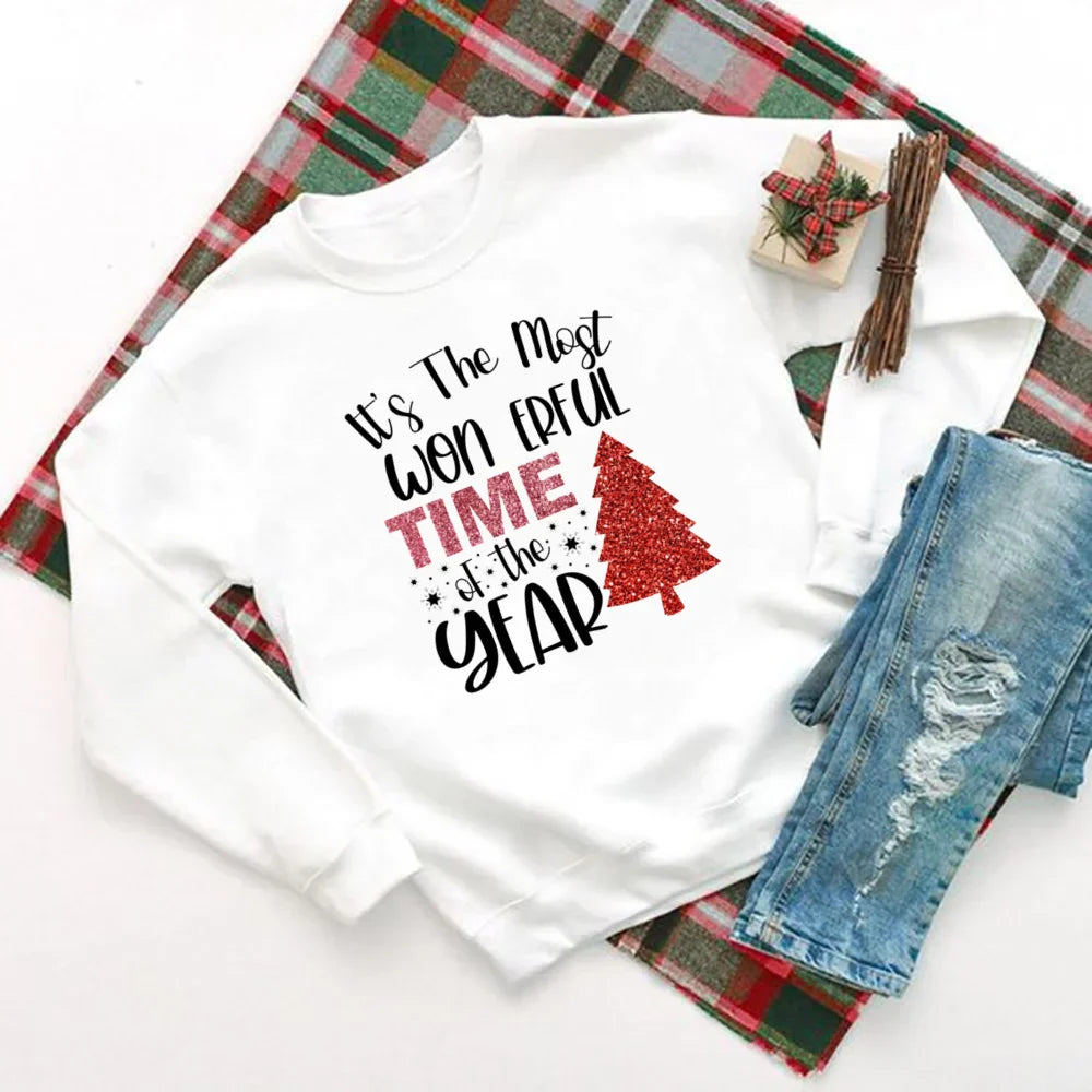 Wonderful Time Printed Party Holiday Sweater Xmas Outfit Christmas Hoodie White 8 / S Hoodies-L