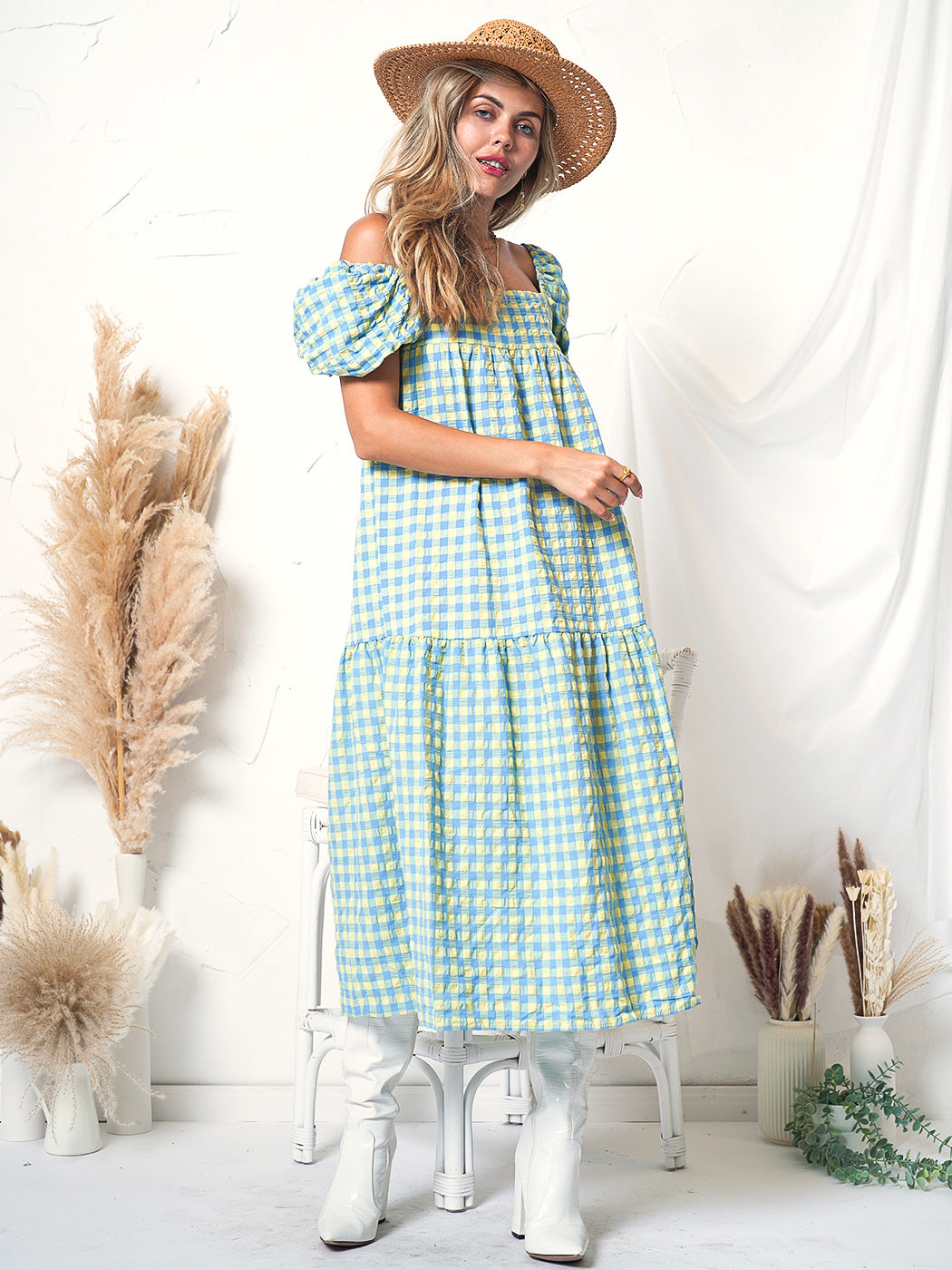 Plaid Print Puff Sleeve Maxi Dress