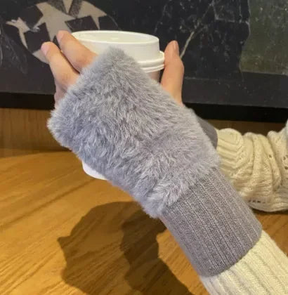 Luxury White Plush Knitted Fingerless Winter Writing Christmas Glove Gray Gloves-L