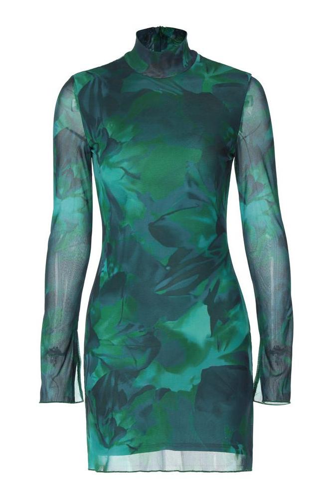 Mesh printed long-sleeved slim dress