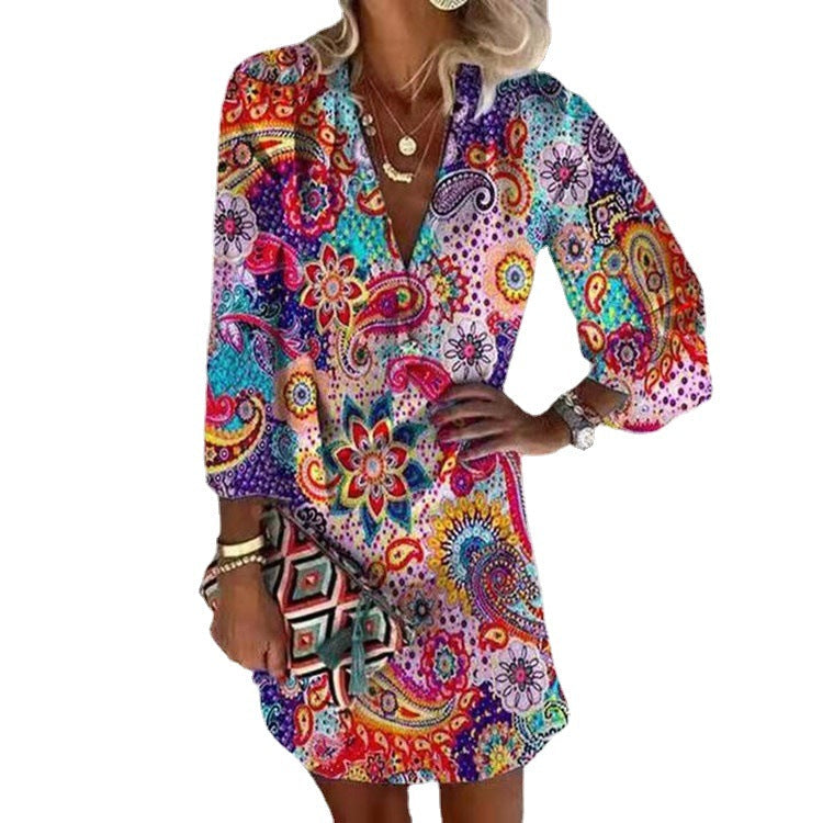 Deep V-Neck Button Mini Dress