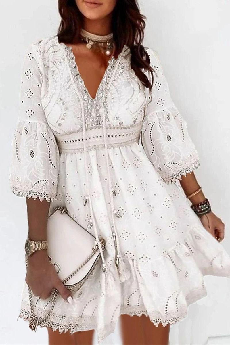V-Neck Hollow Tassel Embroidered Dress