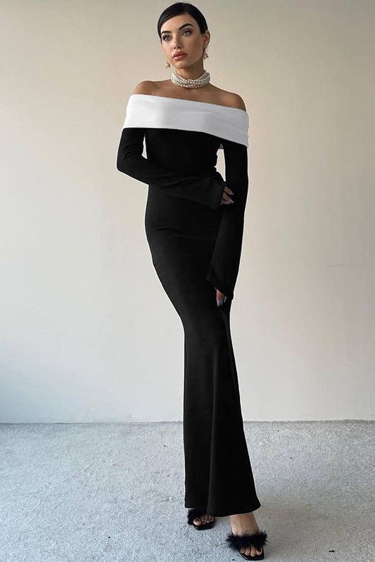 Off-shoulder long-sleeved long dress