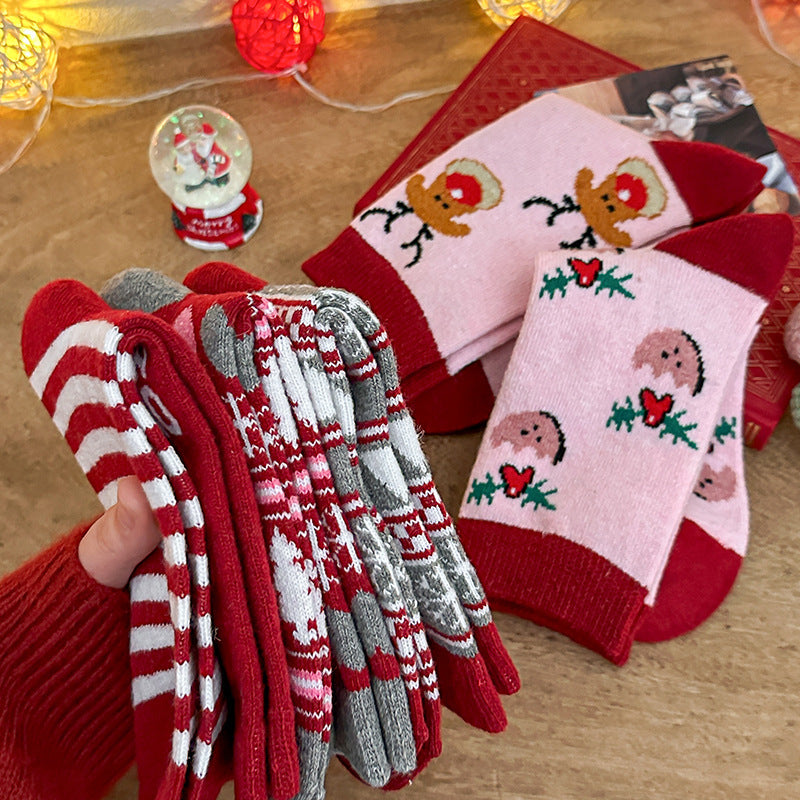 5 Pack Cartoon Wool Warm Mid Calf Cute Christmas Socks