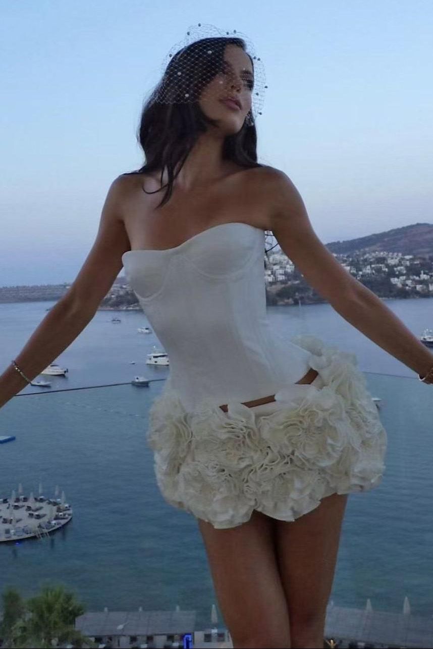 Strapless Corset Floral Ruffle Red Dress