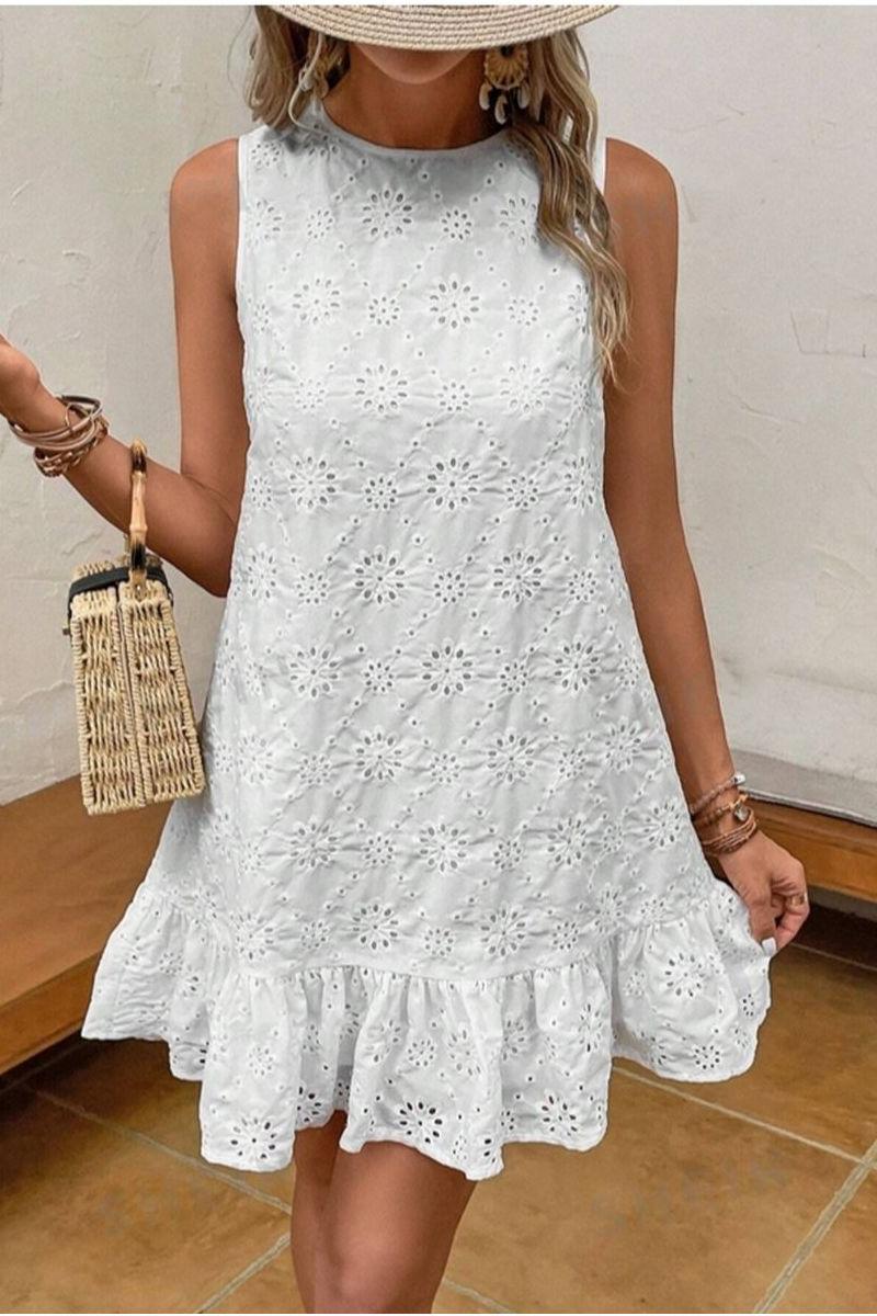 White Embroidered Round Neck Vest Dress