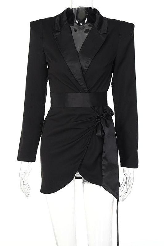 Deep V suit collar long sleeve tie dress