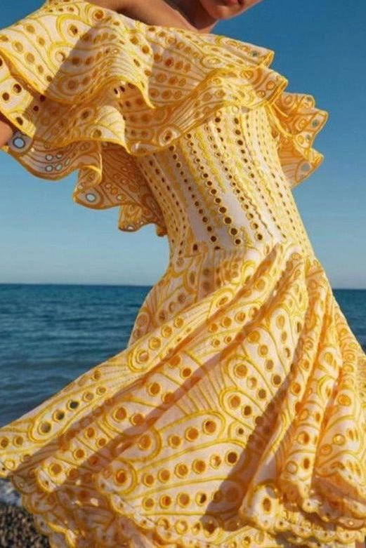 One-Shoulder Ruffled Hollow Embroidery Slim Waist Dress