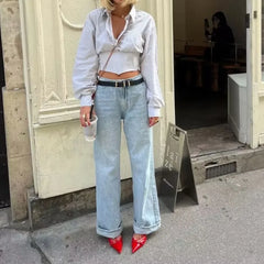 Amercian Retro White High Waist Straight Wide Leg Jeans Women Loose Denim Pants Floor Length Trousers blue black 4 colors
