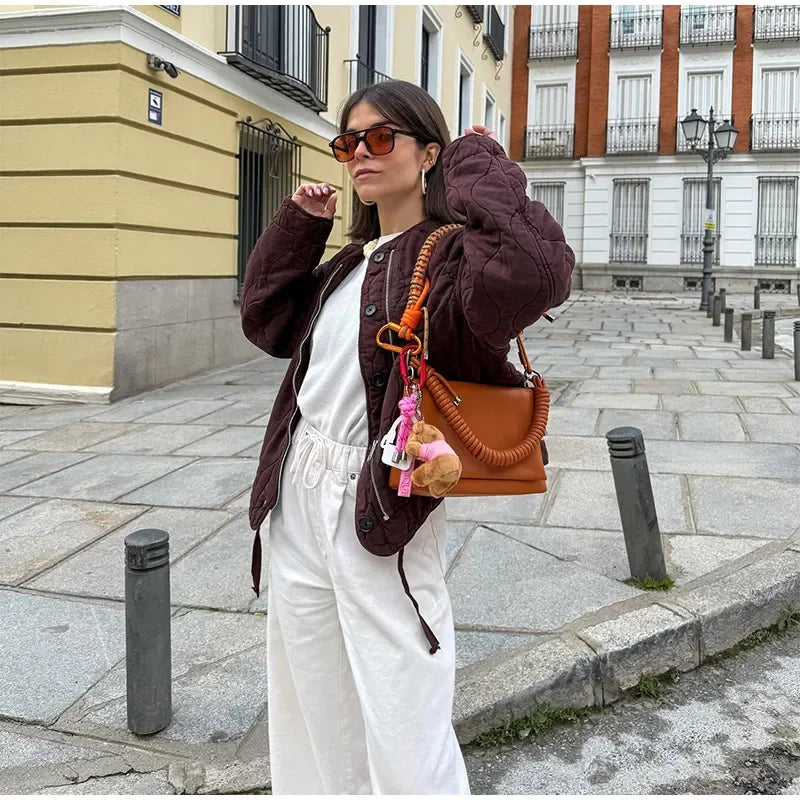 Casual Quilted Padded Jackets Women's Faionable Loose Round Neck Long Sleeve Zipper Cropped Length Outerwear Winter New