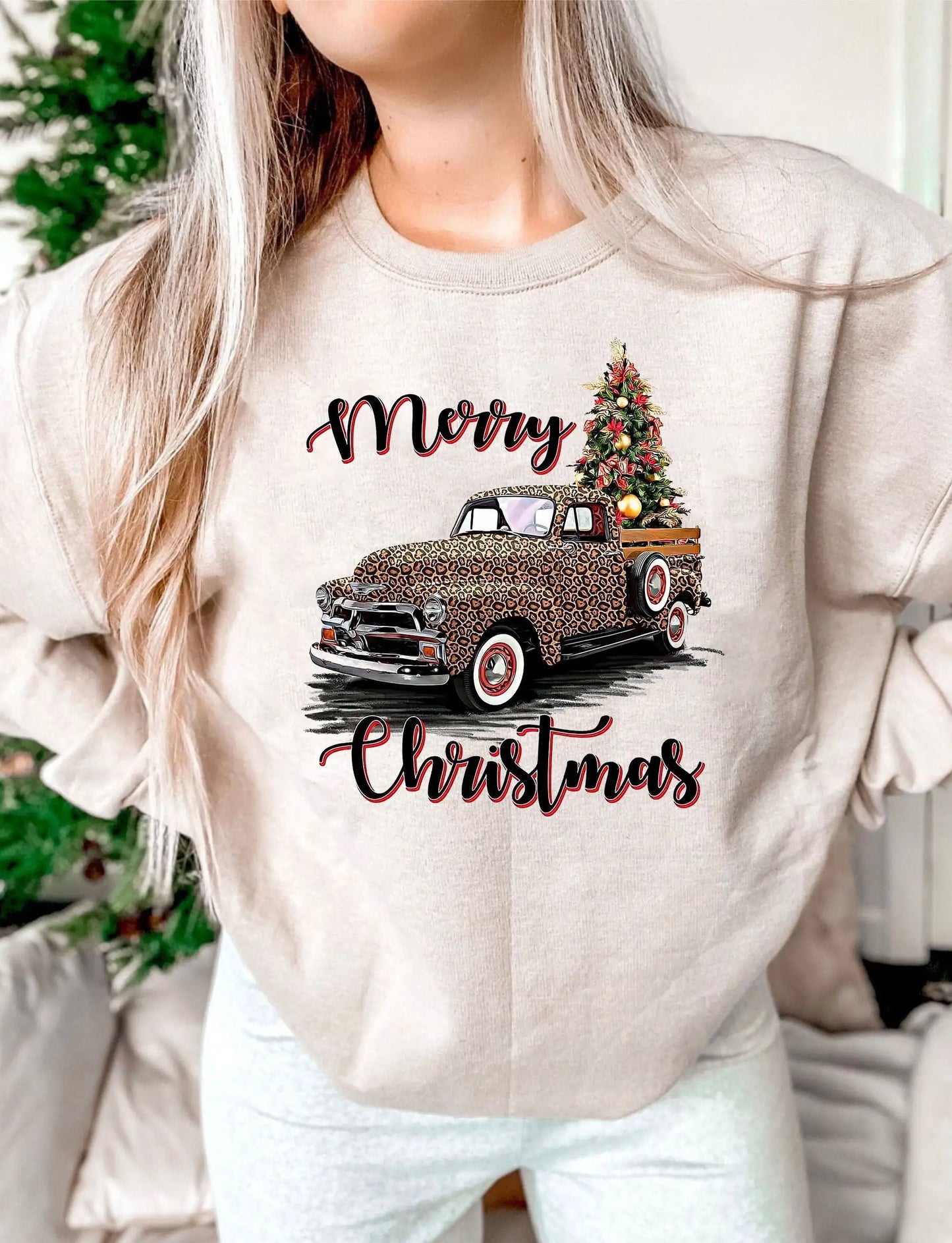 Hot Vintage Leopard Truck Gothic Popular All-Match Christmas Hoodie Hoodies-L