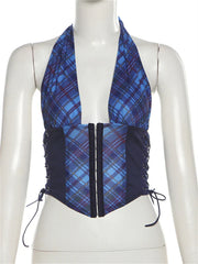 Summer Fashion Plaid Print Skinny Tank Tops Streetwear Y2K For Woman 2024 Sexy V-Neck Halter Bandage Backless Party Tops