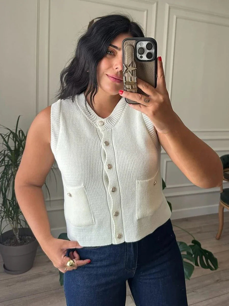 Pocket Solid Cardigan Vest Women O Neck Single Breasted Sleeveless Knit Waistcoat 2025 New Simple Casual Fashion Sweater Jacket