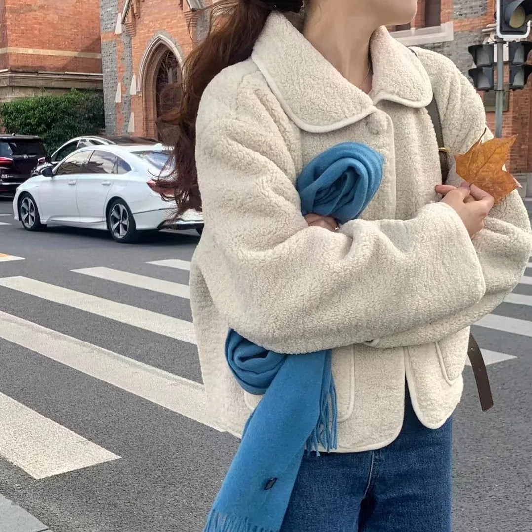 Women's Winter Sweet Plush Coat Lamb Fur Jacket Peter Pan Collar Single Breasted Short Outerwears