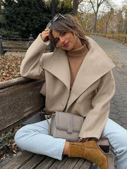 TAVIMART - Vintage Large Lapel Collar Short Coats Women Retro Casual Double-Breasted Pocket Coat Female Autumn Chic Loose Street Outwear