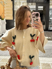 Cherry Decor Knitted Cardigan Women Autumn New Single Breasted O Neck Sweater Female Casual Fashion Half Sleeve Sweaters 2024