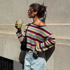 Striped Off Shoulder Pullovers Women Fashion Long Sleeves Contrast Color Tops 2025 Autumn Casual Party Lady New Streetwear