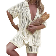 Fashion Sets for Women Streetwear Vintage Short Sleeve 2 Piece Set Solid Hollow Out Button Beach 2024 New Spring Summer Sets