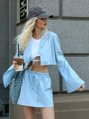 Light Blue Skirt Set Women Summer 2 Pcs Outfits Summer Spring Bowknot Buttons Female Set 2024 Flare Sleeve Top Skirt Set