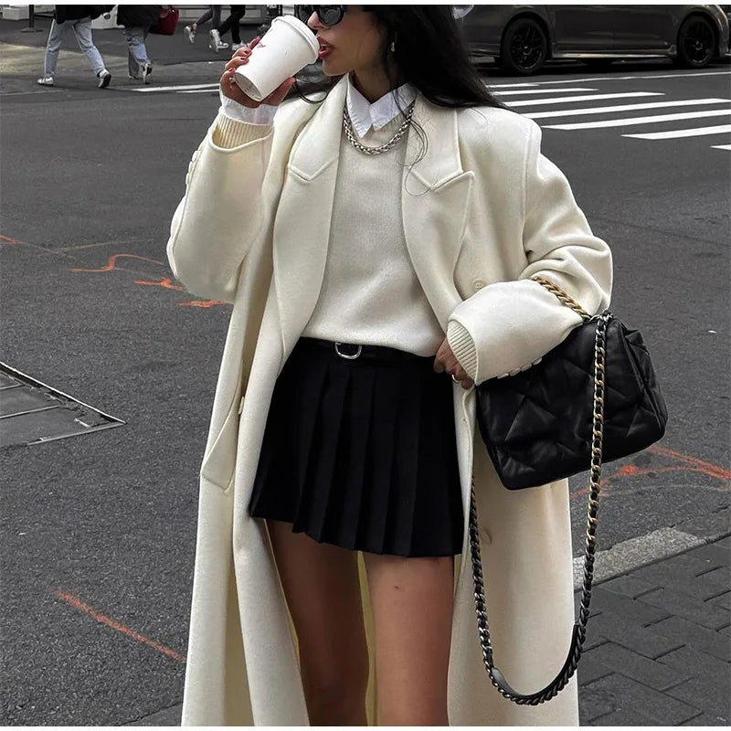 White Elegant Double Breasted Loose Woolen Coat Women Chic Oversized Long Sleeve Overcoat Fall Winter New Ladies Outerwear