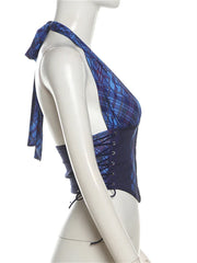 Summer Fashion Plaid Print Skinny Tank Tops Streetwear Y2K For Woman 2024 Sexy V-Neck Halter Bandage Backless Party Tops