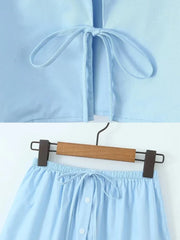 Light Blue Skirt Set Women Summer 2 Pcs Outfits Summer Spring Bowknot Buttons Female Set 2024 Flare Sleeve Top Skirt Set