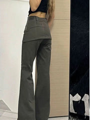 Harajuku Patchwork Women Flared Pants Vintage High Waist American Style Fake Two Piece Trousers Y2k Baggy Solid Gyaru