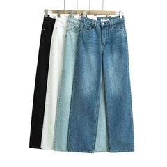 Amercian Retro White High Waist Straight Wide Leg Jeans Women Loose Denim Pants Floor Length Trousers blue black 4 colors