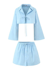 Light Blue Skirt Set Women Summer 2 Pcs Outfits Summer Spring Bowknot Buttons Female Set 2024 Flare Sleeve Top Skirt Set