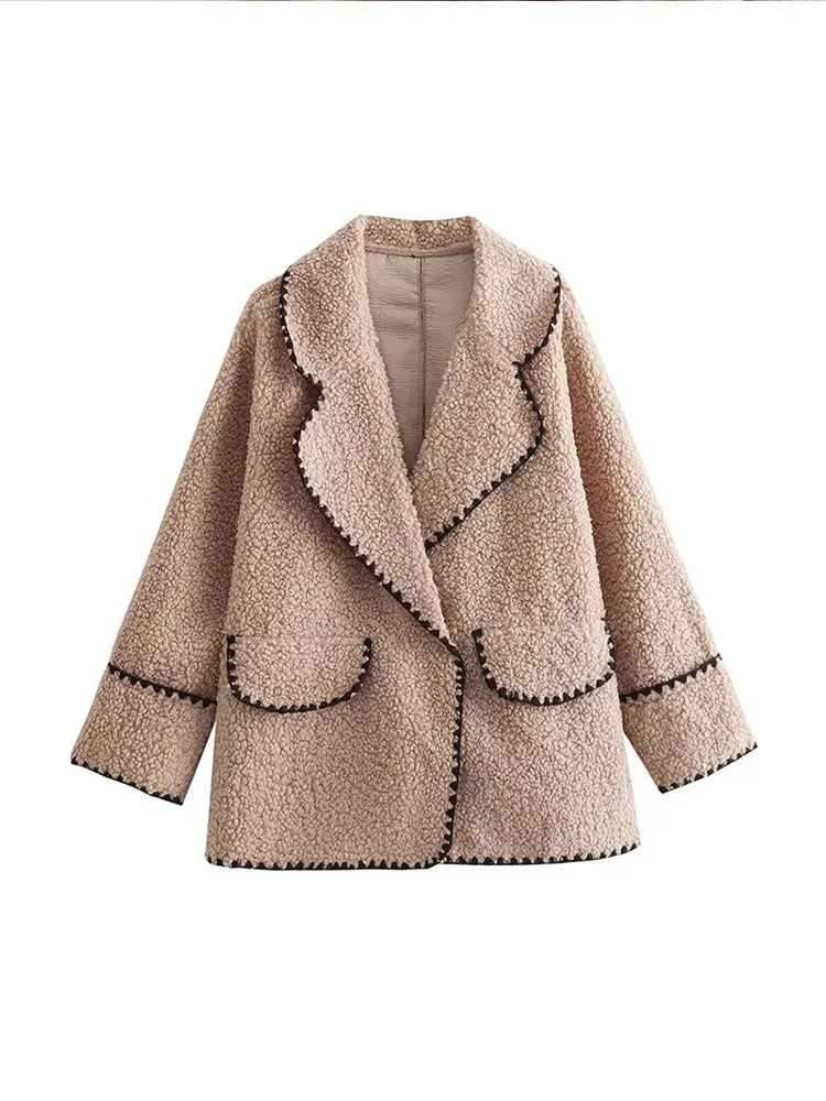 Women Contrasting One Button Lamb Woolen Coat Fashion Lapel Long Sleeves Short Plush Jacket Autumn Casual Lady Street Outwear