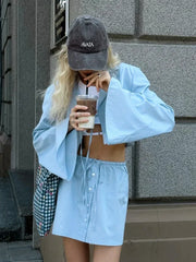 Light Blue Skirt Set Women Summer 2 Pcs Outfits Summer Spring Bowknot Buttons Female Set 2024 Flare Sleeve Top Skirt Set