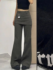 Harajuku Patchwork Women Flared Pants Vintage High Waist American Style Fake Two Piece Trousers Y2k Baggy Solid Gyaru