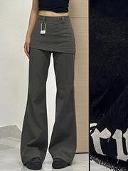 Harajuku Patchwork Women Flared Pants Vintage High Waist American Style Fake Two Piece Trousers Y2k Baggy Solid Gyaru