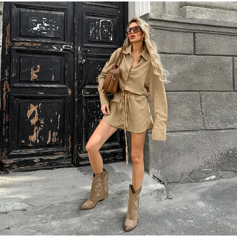 Women's Summer Suit Elegant Lapel Single Breasted Full Sleeve Lace Up Waist Shorts Female Suit Oversize Two-piece Set 2025