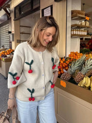 Cherry Decor Knitted Cardigan Women Autumn New Single Breasted O Neck Sweater Female Casual Fashion Half Sleeve Sweaters 2024