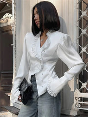 TAIVIMART - White Ruffled Vintage Shirts For Women Patchwork V-Neck Long Sleeve Autumn Elegant Streetwear Female Cardigan Blouses