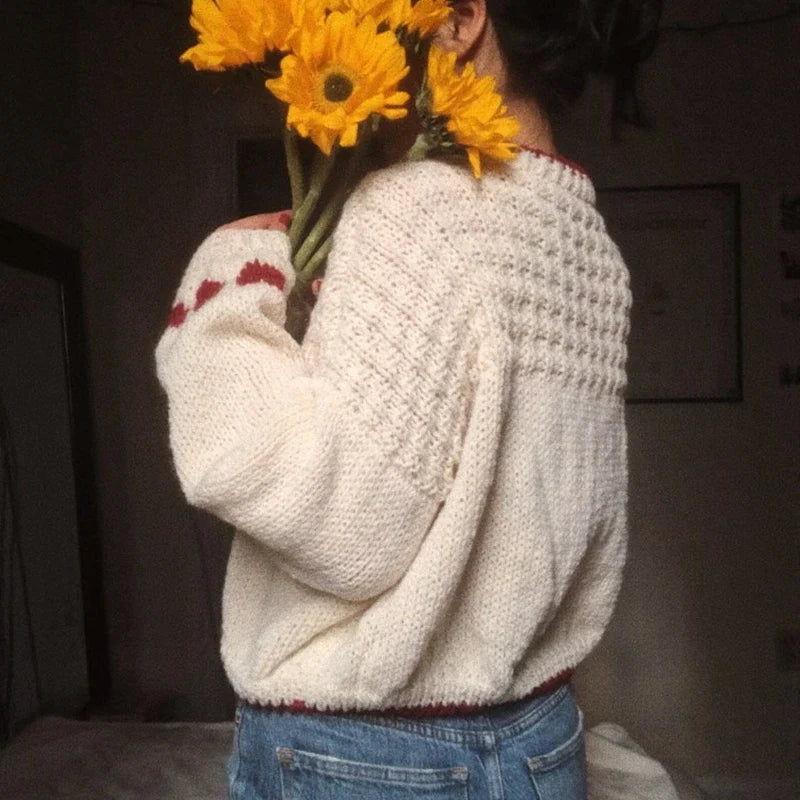 Autumn Knitted Sweater Vintage Heart Pattern Long Sleeve O Neck Loose Knitwear Y2K Aesthetic Grunge Loose Fit Pullovers Jumpers